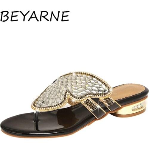 BEYARNERhinestone flat slippers new summer sandals female leather diamond-studded herringbone ladies slippers low heel shoes