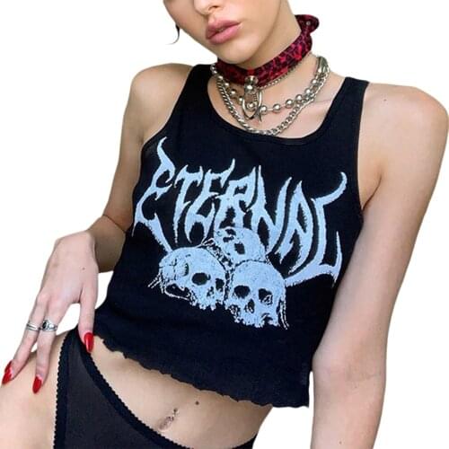 Sexy Punk Goth Crop Tops Women’s Summer Skull Print Vest Top Black White Fashion Round Neck Sleeveless Slim Tank Top Mujer