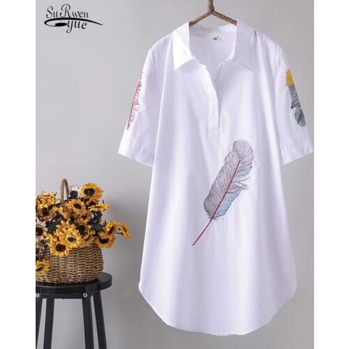 Summer Casual Blouses and Shirts Plus Size Cotton White Long Shirt Women Feather Embroidery Half Sleeve Loose Lady Blouse 13559