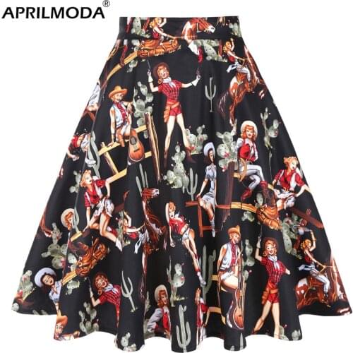 Summer Pinup Casual Skirts Women Runway Retro Vintage Saia Female Western Girl Print 50s 60s Hepburn Swing Skater Black
