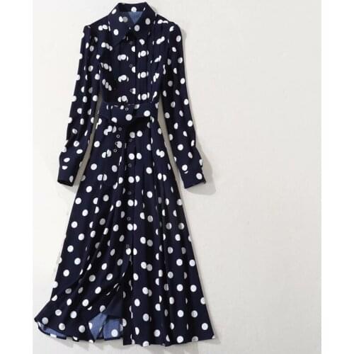 New HIGH QUALITY 2021 Fashion Designer Runway Dress Womens Turn-down Collar Long Sleeve Sashes Polka Dot shirt Dress