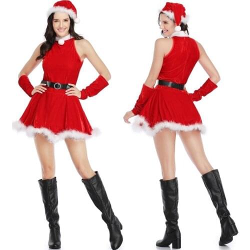 Adults Women Christmas Swing Dress With Belt Sexy Plush Warm Red Velvet Santa Claus Costume Christmas Xmas Party Clothing
