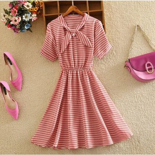 High Elastic Waist Vintage Dress A-line Style Women Short Sleeve Bow Plaid Dresses Slim Summer Blue Midi Dress Female Vestido