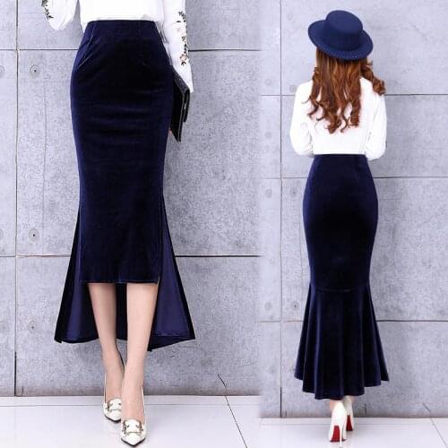 Free Shipping 2019 High Waist Long Maxi High Low Skirts For Women Plus Size S-2XL Mermaid Style Skirts Spring And Autumn Velvet