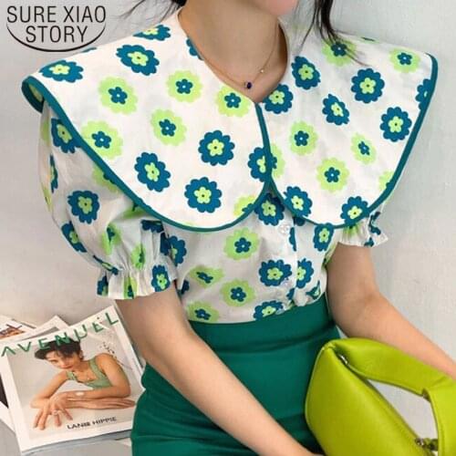 2021 Summer Short Sleeve Blouses and Shirts Elegant Loose Top Korean Big Lapel Flower Printed Blouse Women Blusas Mujer 15345