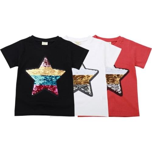 VOGUEON Reversible Sequins Childrens T-Shirt Short Sleeve Boys Girls Kids Tshirts Baby Casual Tops Star Design Clothing Tees