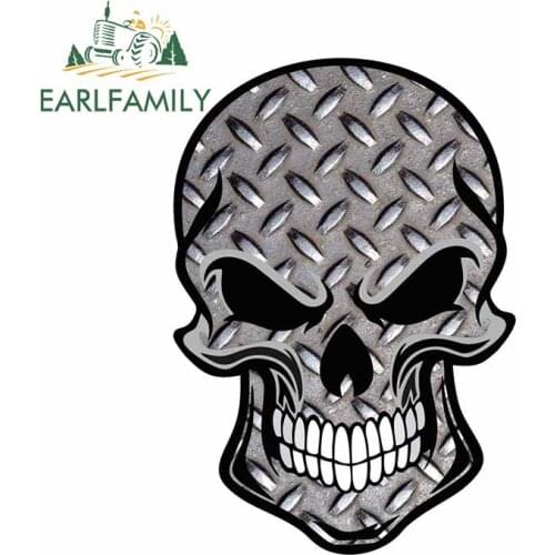 EARLFAMILY 13cm x 9.2cm Gothic Biker Skull with 3D Metal Checker Chequer Plate Motif External Vinyl Car Sticker