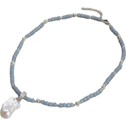 GG Jewelry 19" Natural 6mm Blue Angelite Necklace Cultured White Keshi Pearl Pendant