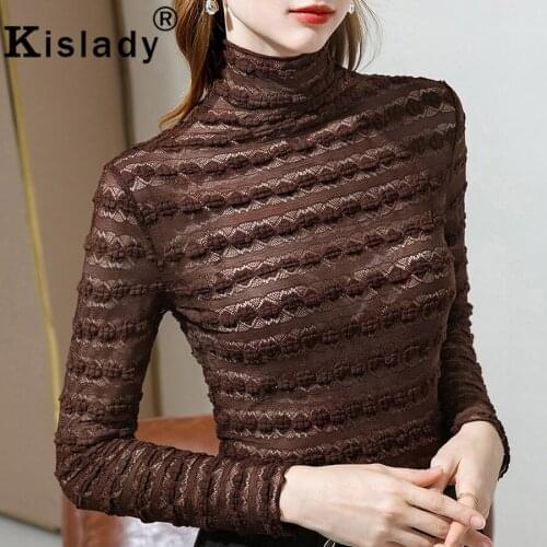 Kislady Floral Hollow Out Gothic Harajuku Women Shirts Sexy Lace Turtleneck Long Sleeve T-Shirt Korean OL Tops Patchwork Clothes