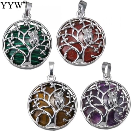 Natural stone pendant for necklace silver color hollow tree of owl flat round semi precious quartz beads women men jewelry gift