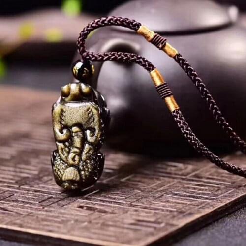 Wholesale Gold Black Natural Obsidian Stone Necklace Dragon Head Pixiu Pendant Lucky For Women Men Fashion Jewelry JoursNeige