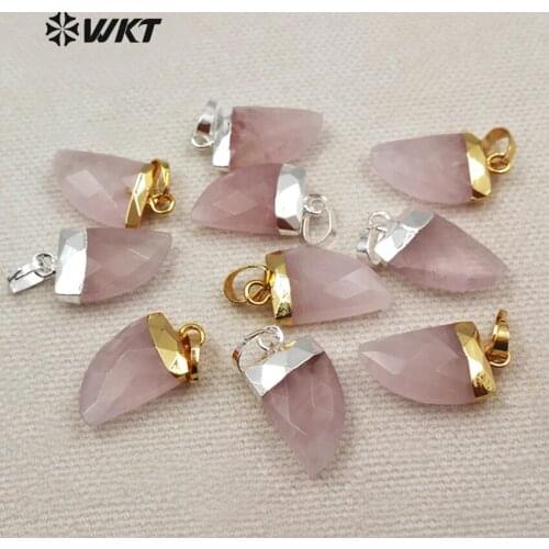 WT-P1269 Wholesale Fashion Natural Rose Pendant Quartz With Hat Pink Crystal Tooth Shape Pendant For Jewelry DIY Making