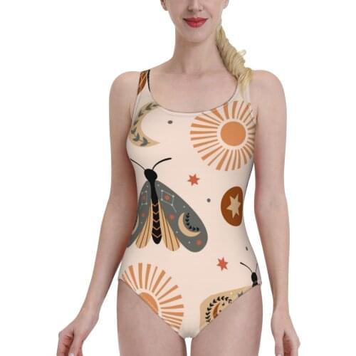 New 2021 Sexy One Piece Swimsuit Female Backless Bodysuit Celestial Moth Moon Sun Women Bathing Suit Swimming Beach Wear