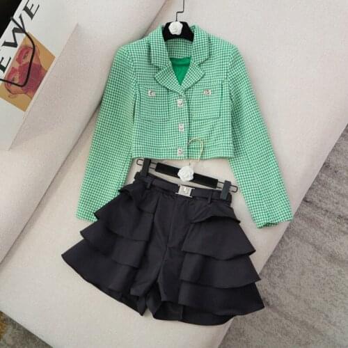 Fall French Vintage 2 Piece Set Women Houndstooth Short Jacket Coat + High Waist Short Sets Small Fragrance Two Piece Pant Suits