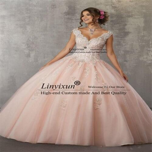 Pink Quinceanera Dresses Ball Gown Long Sleeve Prom Dresses Tulle Applique lace Sexy sweet 16 dress Custom vestido de 15 anos