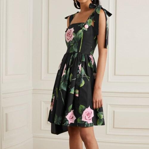 Sicilian Rose Runway Summer Flower Dress Women Elegant Bowknot Sleeveless Spaghetti Straps Mini Dresses Black Short Female Dress