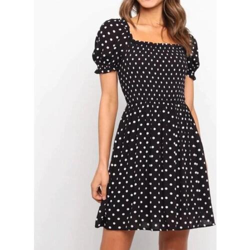 Women Summer Short Sleeve Dress Black Polka Dot Mini 2021 New High Waist Puff Sleeve A Line Boho Dresses Street Fashionable