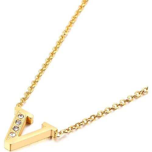26 trendy and fashionable all-match titanium steel clavicle necklaces with cubic zirconiums and golden English letters