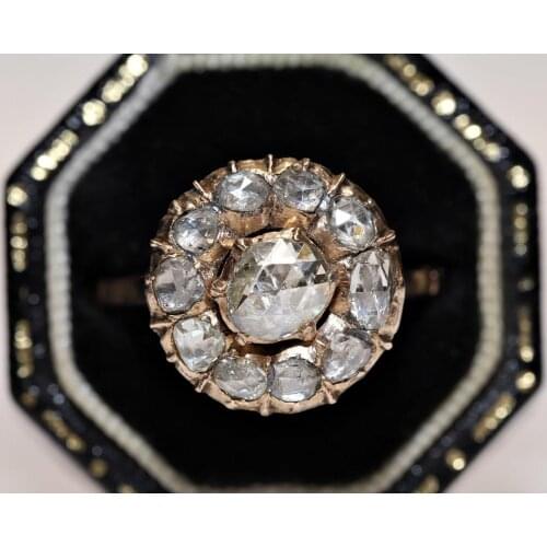 Antique Original Ottoman 9k Gold Natural Rose Cut Diamond Decorated Rose Ring