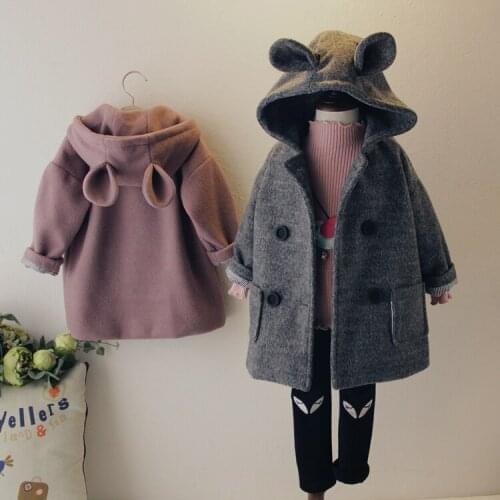 Brand Children Coat Jackets Stripe Cute Rabbit Ears Hooded Wool Coats for Girl Kids Double-breasted Woolen Jacket Infant Outwear