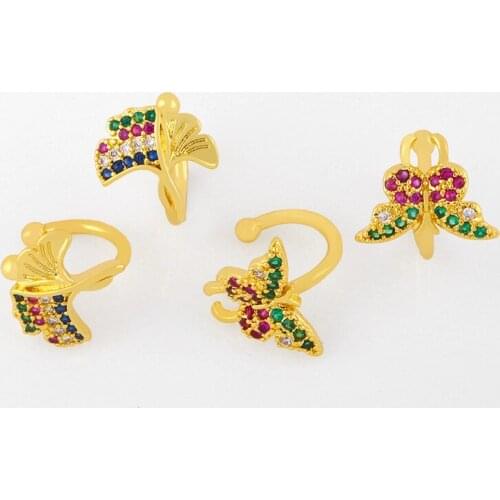FLOLA Multicolor Butterfly Ear Cuffs For Women CZ Cubic Zirconia Ginkgo Biloba Leaf Cartilage Earrings Rainbow Jewelry ersu56