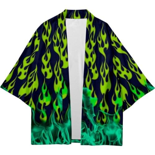 Green Flame China Harajuku Japanese Style Sets Fashion Kimono Men Women Cardigan Haori Obi Asian Clothes Pant Suit Plus Size 6XL