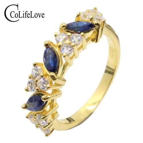 Stylish Fashion 925 Silver Gemstone Ring 3 Pcs 3mm*6mm Natural Sapphire Ring Solid 925 Sterling Silver Sapphire Ring for Woman