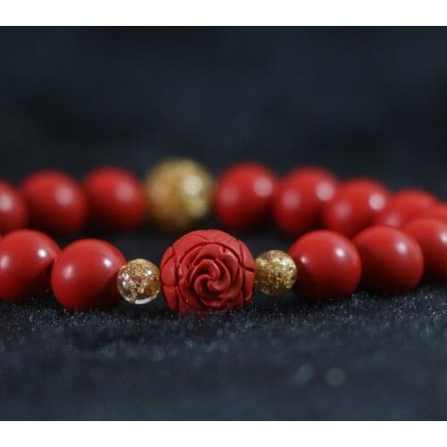10mm Round Synthetic Red Cinnabar Flower Ball with Yellow Spacer Beads for Women Diy Bracelet B823