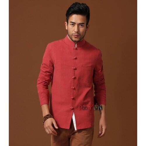 Brand New Arrival Solid Red Chinese Traditional Mens Cotton Linen Coil Button Jackets Coats M L XL XXL 3XL MTJ20150223