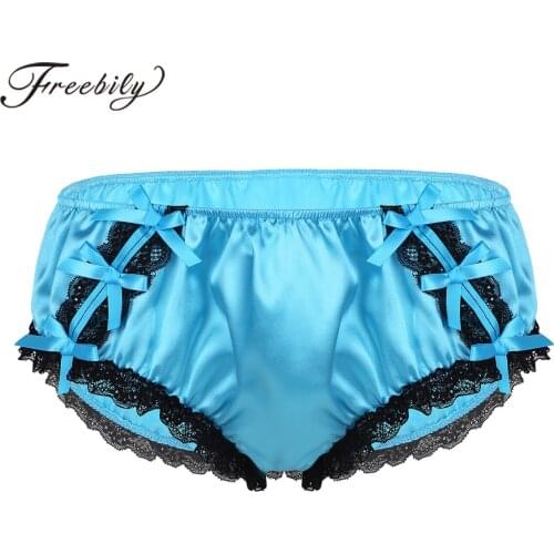 Mens Shiny Soft Ruffled Floral Lace Satin Lingerie Sissy Low Rise Panties Swimwear Bikini Briefs Underwear Sexy Male Underpants