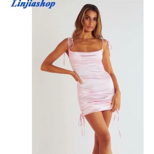 Solid sling sexy pink dress romantic women backless sleeveless side green satin fabric drawstring summer mini dress