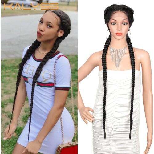 Kalyss 36 Inches Extra Long 360 Lace Braided Wigs Lace Front Dutch Twins Synthetic Braids Wig for Black Women with Baby Hair