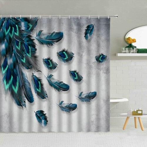 Peacocks Feather Bathroom Shower Curtains Turquoise Floral Gray Retro Backdrop Tribe Waterproof Fabric Hooks Curtain Home Decor
