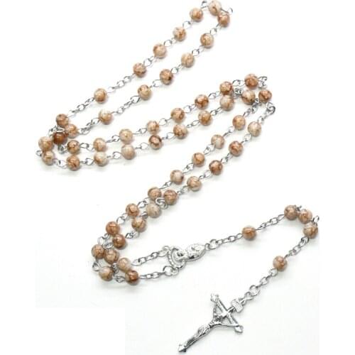 QIGO Religious Jewelry Long Brown Glass Rosary Neckalce Virgin Mary Cross Pendant Necklace For Men Women