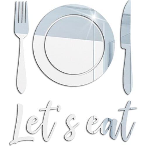 Silver Lets Eat Wall Stickers Mirror Letters DIY Knives Forks Three-dimensional Self-adhesive Wall Decorations Acrylic Sticker