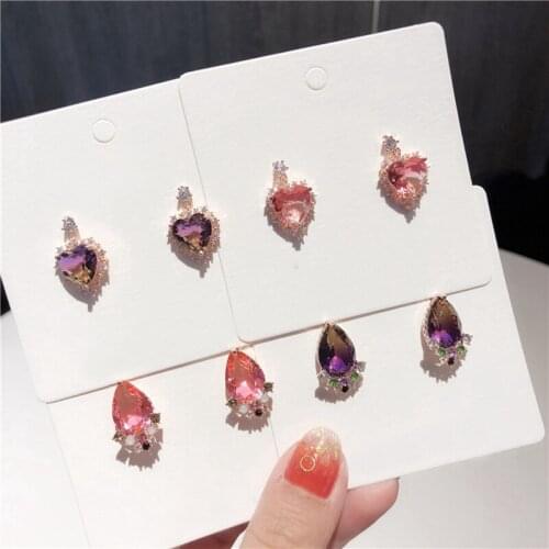 Korean Version Of The New Gradient Crystal Love Geometric Stud Earrings Colorful Small Girl Cute Sweet Jewelry