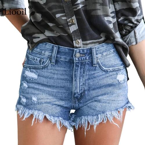 Liooil Denim Shorts Plus Size Casual Skinny 2020 Cotton Mid Waisted Fashion Button Pockets Tassel Women Shorts Sexy Jean Shorts