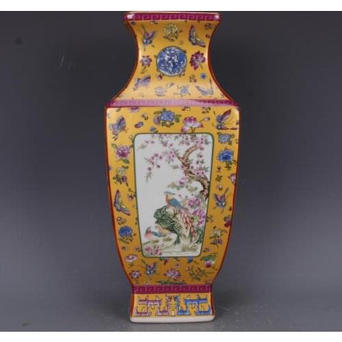 Antique Craft Porcelain with Gold Enamel Colorful Flowers and Birds Square Vase in Qianlong Year Mark Qing Dynasty