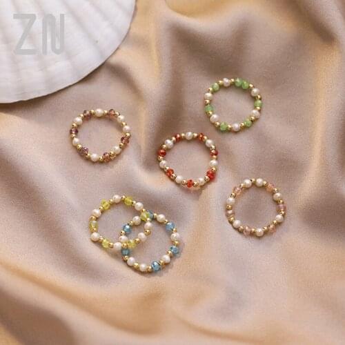 ZN 2021 Fashion Crystal Beaded Rings Cute Minimalist Coloful Beads Geometric Stacked Rings for Women Party Jewelry Gift