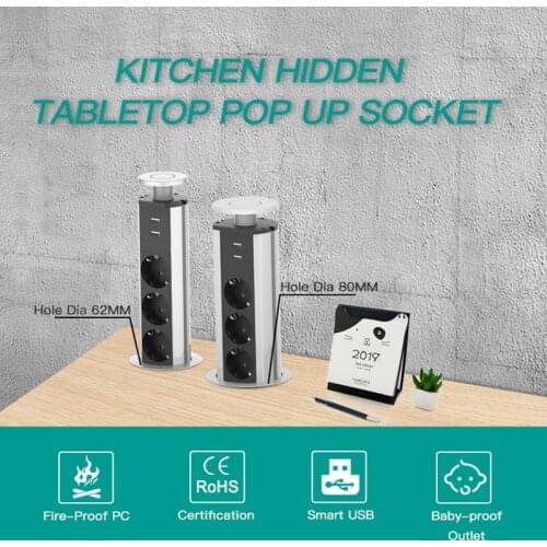 EU Plug 3 power Kitchen Table Electrical Socket Desktop Sockets Power 1 Led+2 charge USB Aluminum Shelf