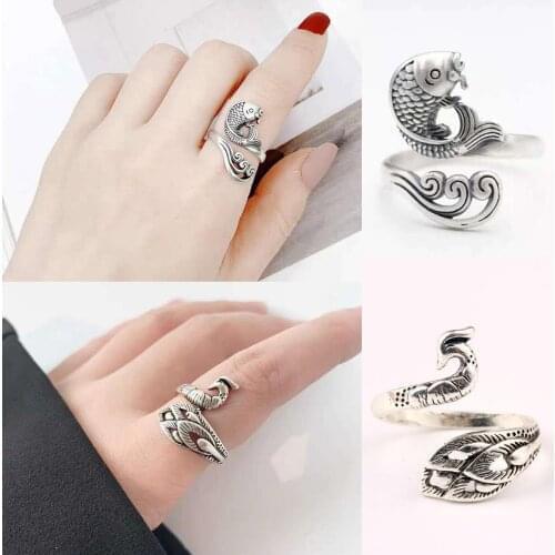 Vintage Retro Adjustable Silver Peacock Koi Fish Ring Hook Knitting Loop Crochet