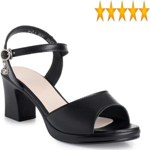 High Runway Women Summer Heel Platform Peep Toe Shoes Buckle Strap Real Leather Office Lady Sandals Plus Size 34-43