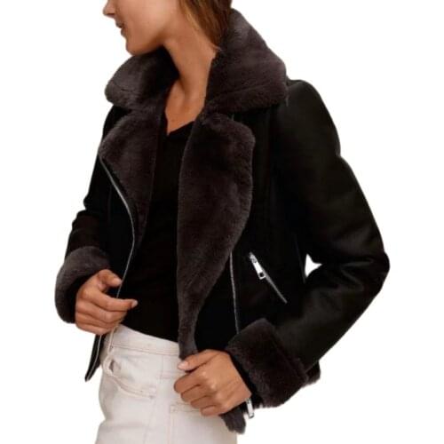 2021 Women Elegant Winter Thick Faux Leather Fur Sheepskin Jackets Lady Motorcycle Biker Black Short Zipper Chic Wool Coats Tops