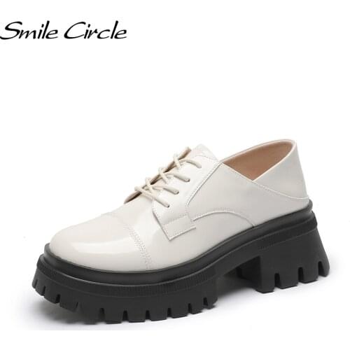 Smile Circle Loafers Women Flat Platform Shoes 2021 Autumn Genuine Leather Round-toe Thick bottom Casual Shoes Ladies