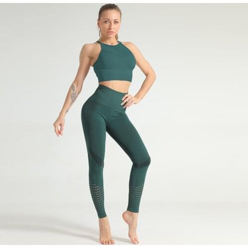 2 Pcs Women Seamless Yoga Set Hollow Out Sports Bra High Waist Leggings Breathable Gym Fitness Suit Running Joggings Sportswear