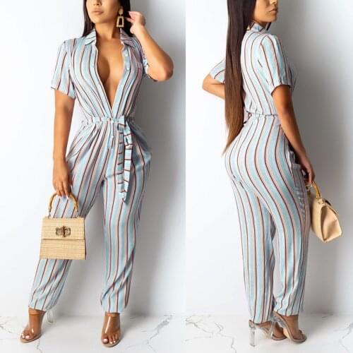 Women Jumpsuit Jumper Striped Short Sleeves Casual Jumpsuit Summer Beach Party -OPK