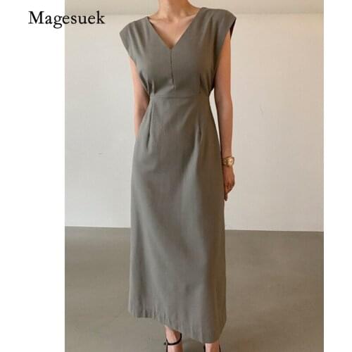 Chic Korean Style Summer Women Midi Dress Solid V-neck Zippers Sleeveless Dress Elegant Vintage Women Slim Dress Vestidos 15621