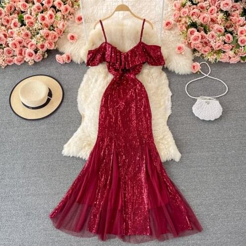 Sexy V-neck Spaghetti Strap Ruffles Sleeve Long Party Dress Women Elegant Slim Waist Mesh Patchwork Evening Club Trumpet Dress