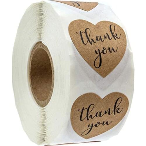 1in Natural Kraft thank you Stickers Heart shape seal labels 50-500pcs stickers scrapbooking for Package stationery sticker