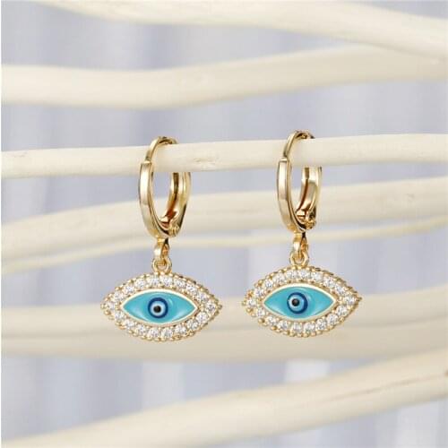 1Pair Vintage Shiny Rhinestone Evil Eye Hoop Earrings For Women Gold Metal Color Zircon Blue Eye Stud Earrings Turkish Jewelry